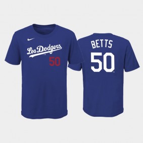 2021 City Connect Dodgers #50 Mookie Betts Name & Number Royal Youth T-Shirt