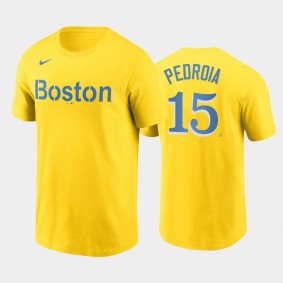 2021 City Connect Boston Red Sox #15 Dustin Pedroia Name & Number Nike Gold T-Shirt