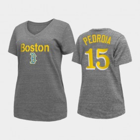 2021 City Connect Boston Red Sox #15 Dustin Pedroia V-Neck Heathered Gray Women's T-Shirt