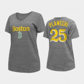 2021 City Connect Boston Red Sox #25 Kevin Plawecki V-Neck Heathered Gray Women's T-Shirt