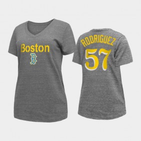 2021 City Connect Boston Red Sox #57 Eduardo Rodriguez V-Neck Heathered Gray Women's T-Shirt