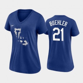 Women's 2021 City Connect Dodgers #21 Walker Buehler Tri-Blend Royal T-Shirt