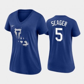 Women's 2021 City Connect Dodgers #5 Corey Seager Tri-Blend Royal T-Shirt