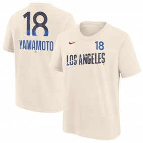 Youth Los Angeles Dodgers Yoshinobu Yamamoto Cream 2024 City Connect Fuse Name & Number T-Shirt